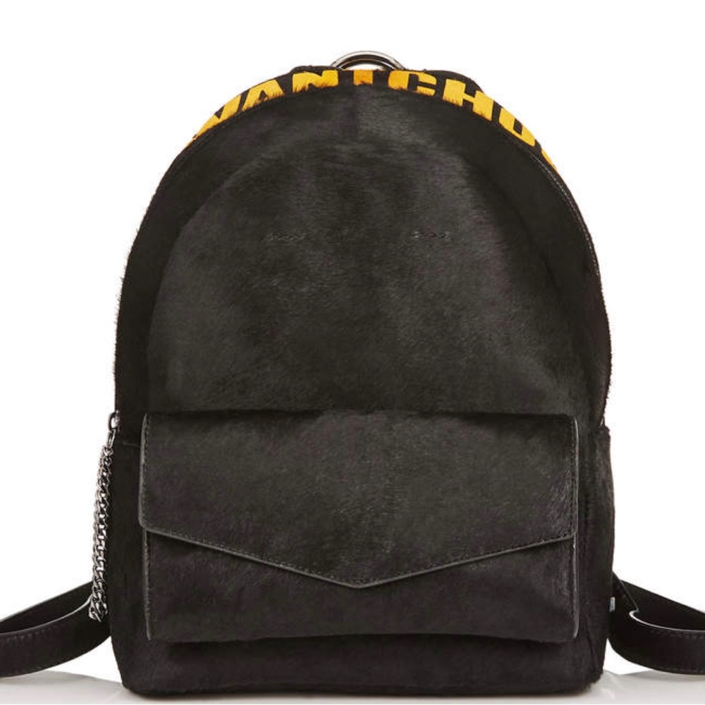 Jimmy Choo CASSIE Black and Mustard I WANT CHOO Logo Intarsia Sherling Backpack